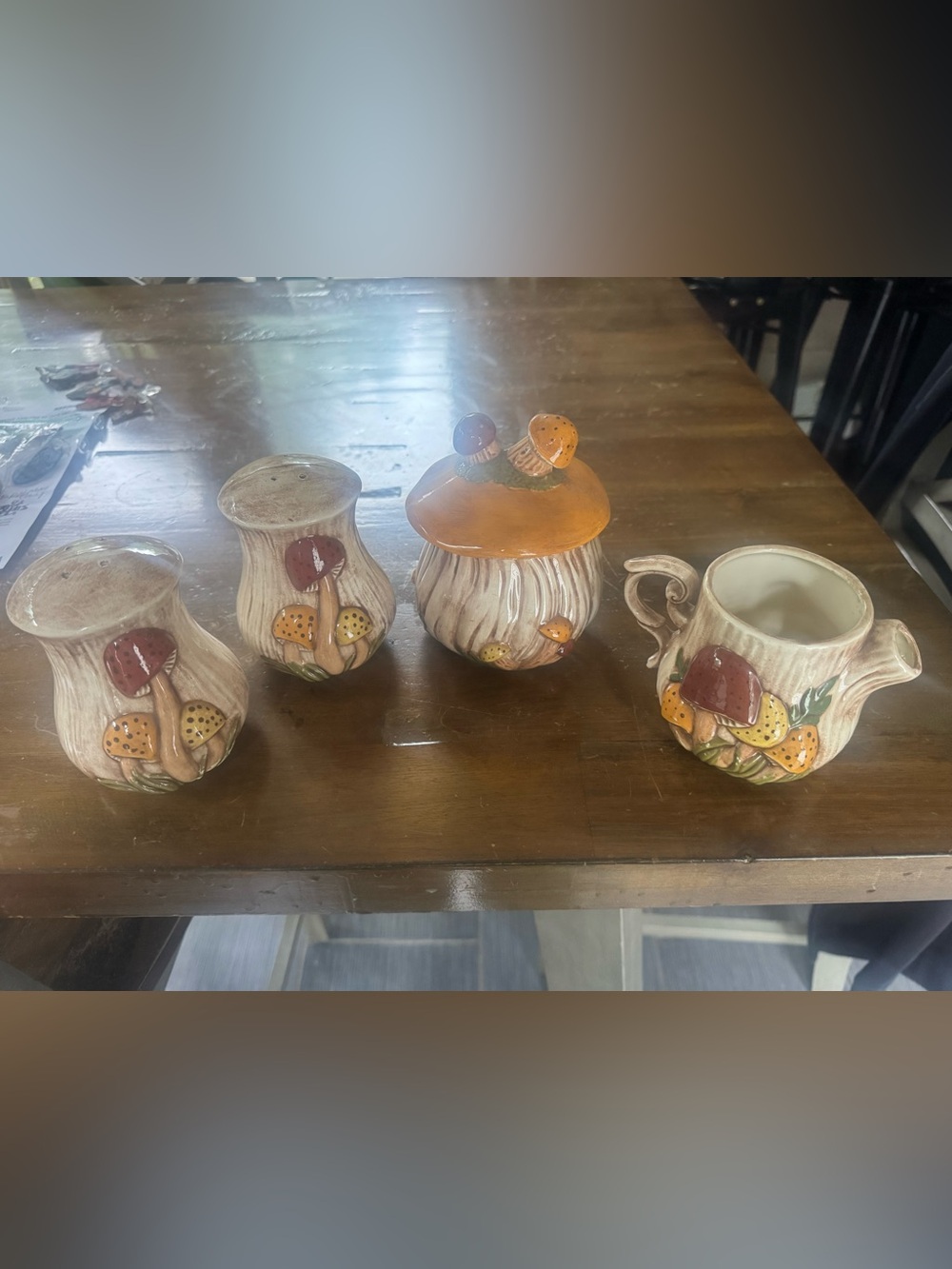 Vintage Arnels Ceramic Mushroom Creamer, Sugar and Shakers Set